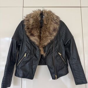 H&M Divided Black Leather Jacket with Brown Faux Fur Collar
